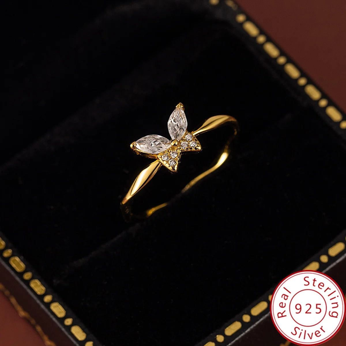 Real 925 Sterling Silver 18k Gold Plating Twisted Cubic Zirconia Butterfly Ring For Women Fine Jewelry