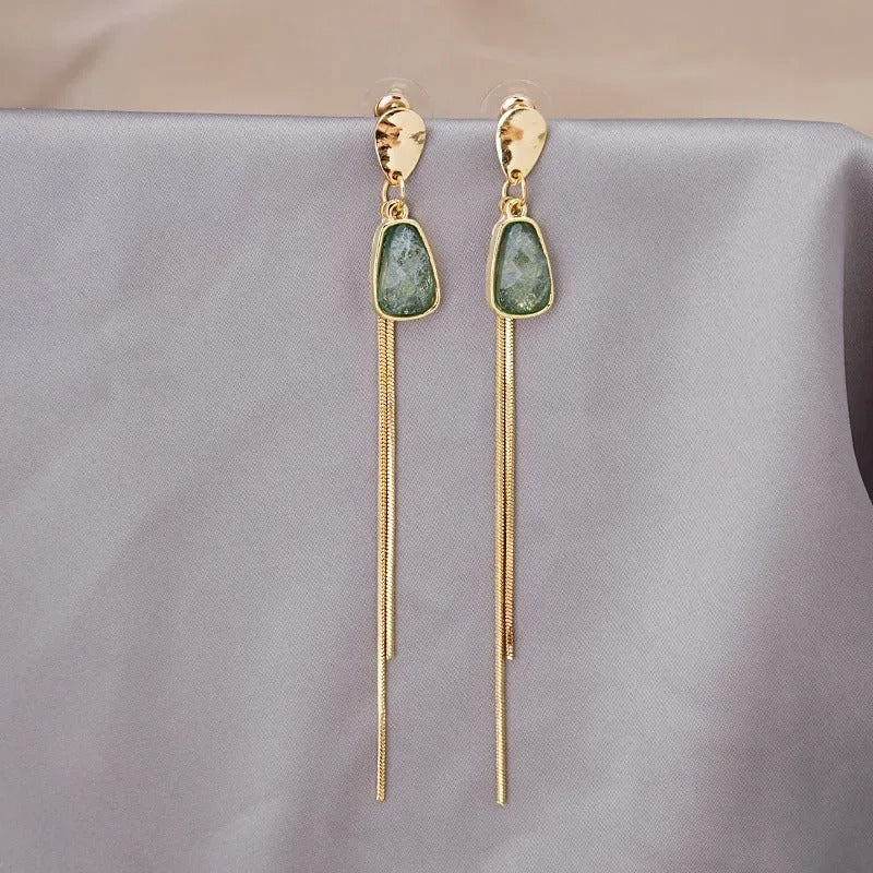 Gold Chain Dangle Earrings Green Crystal Vintage Style for Women