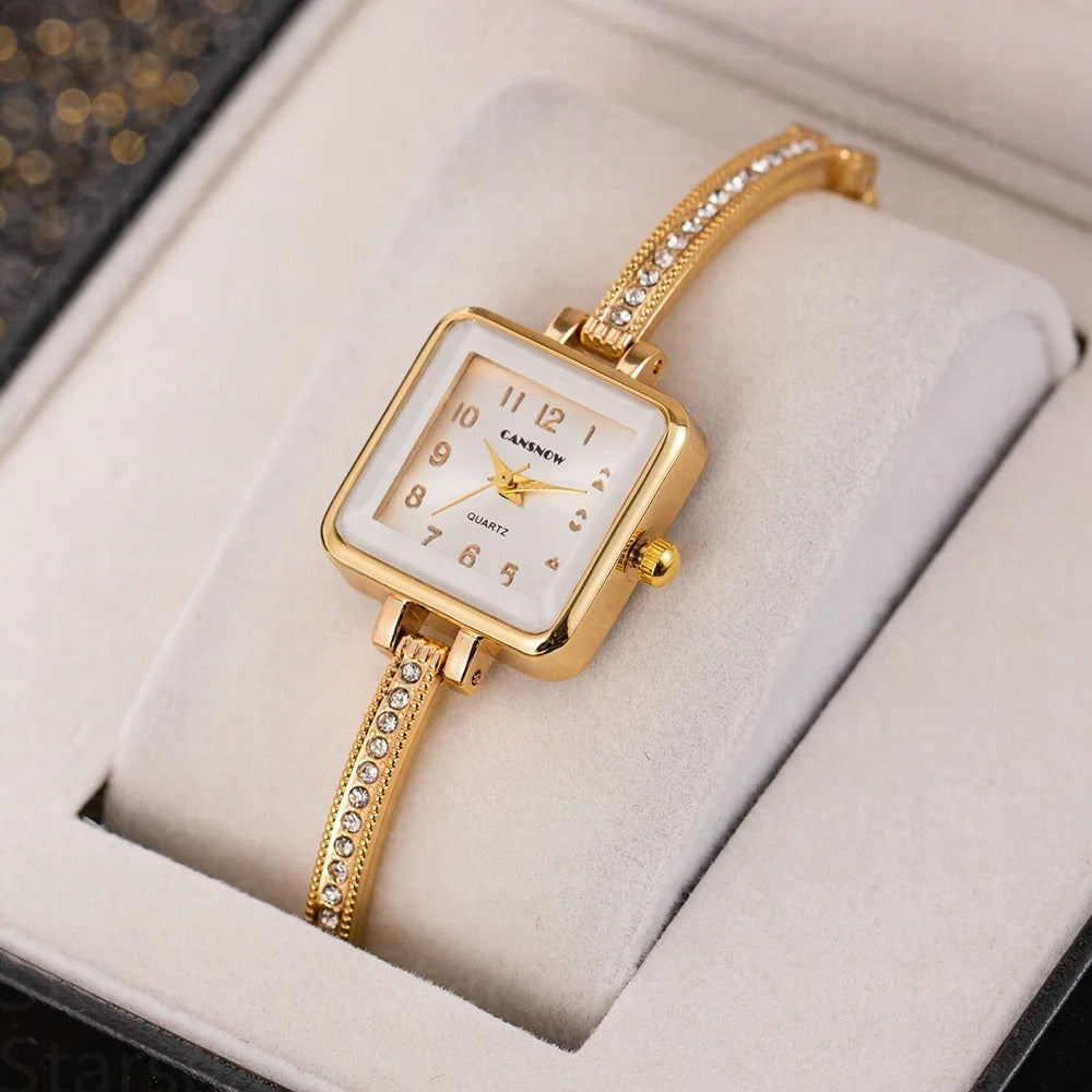Fashion Square Rhinestone Women Bracelet Watch Luxury Brand Alloy Gold Quartz Watch Fashion Minimalist Ladies Watch