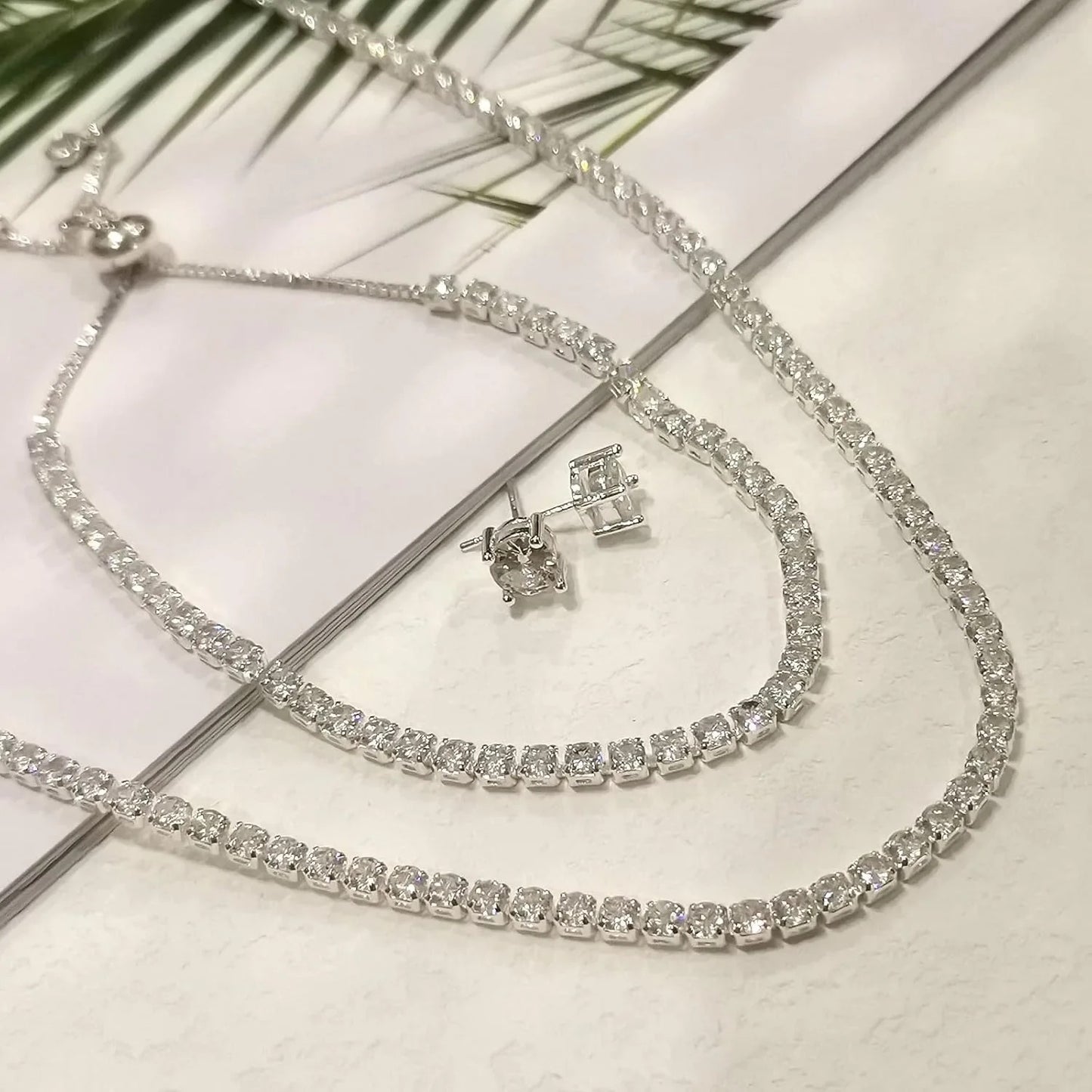 Tennis Necklace Bracelet for Women Sliver Plated Dainty Chocker Necklace Earrings Bracelet for Women Wedding Jewelry for women