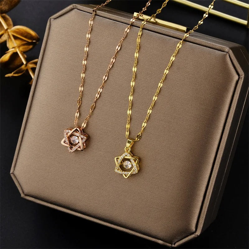 Star Stainless Steel Chain Necklace Transparent Rotate Zircon Pendant Necklace Couple Jewelry Christmas Gift