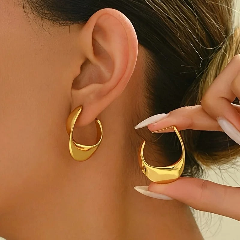 Luxury Chunky Gold Stainless Steel Hoop Earrings for Women Glossy Round Cubic Ear Clips Trendy Wedding Party Jewelry