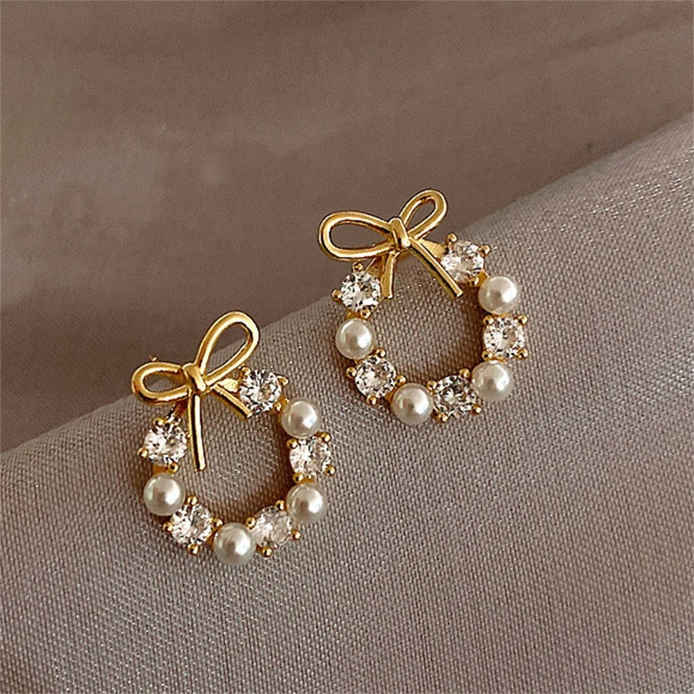 Simple Bow Garland Crystal Pearl Earrings Trendy Acrylic Women’s Party Jewelry