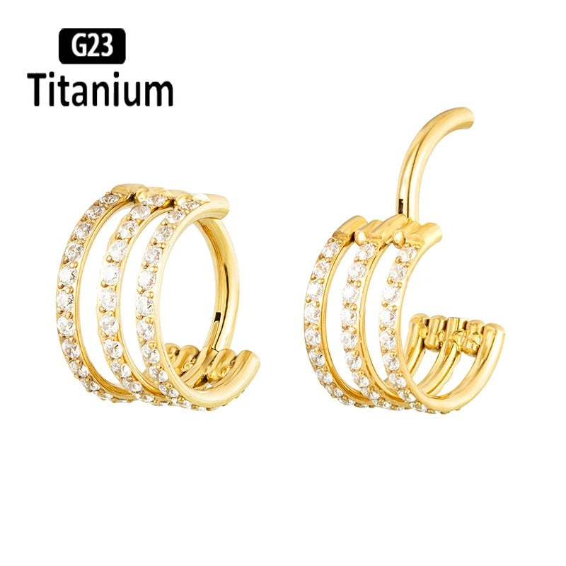 G23 Titanium 3-Row Zircon Hoop Clicker Nose Septum Tragus Helix Cartilage Lip Piercing Jewelry.