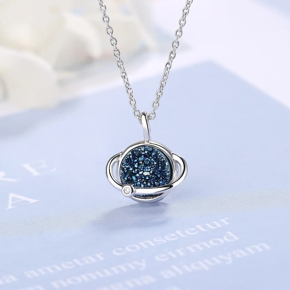 925 Sterling Silver Planet Blue Crystal Pendant Necklaces For Women Elegant Luxury Jewelry Accessories