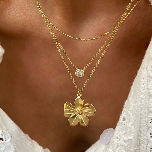 WILD & FREE 18K Gold Plated Flower Pendant Necklace for Women Retro Chic Choker Trendy Jewelry Waterproof
