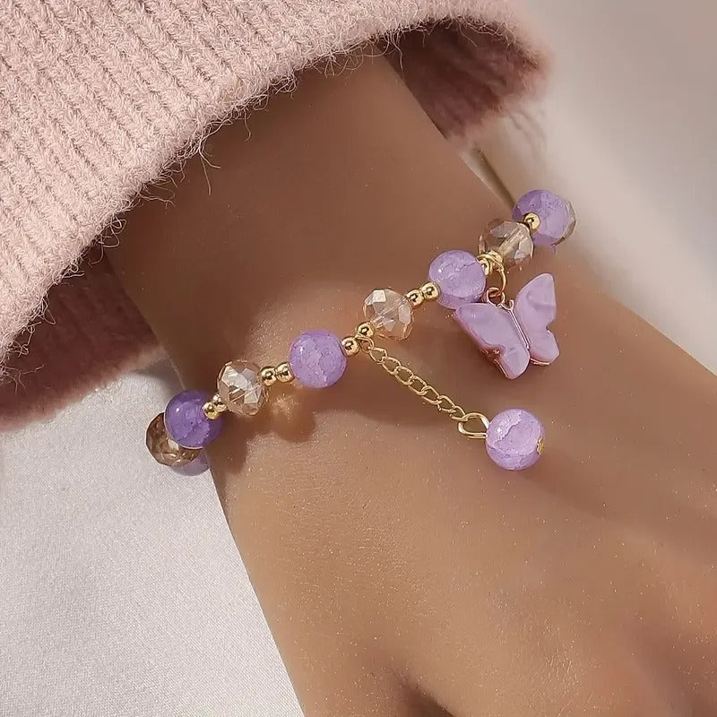 Purple Butterfly Beaded Stretch Bracelet for Women & Girls
