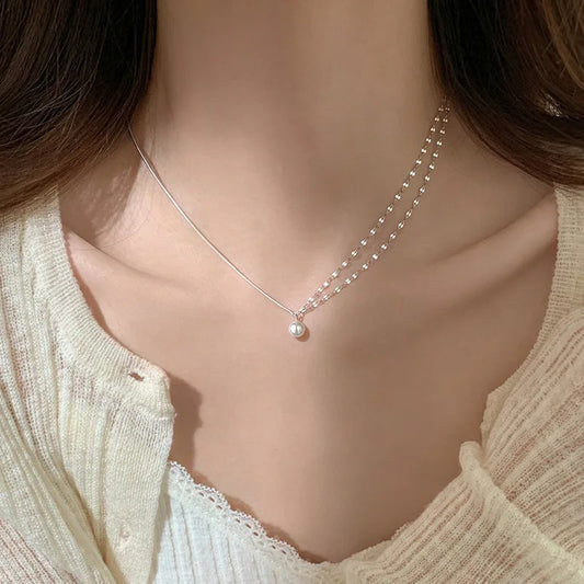 925 Sterling Silver Double Layered Pearl Necklace With Sparkling Temperament Asymmetrical Chain Necklace Fashionable Jewelry 