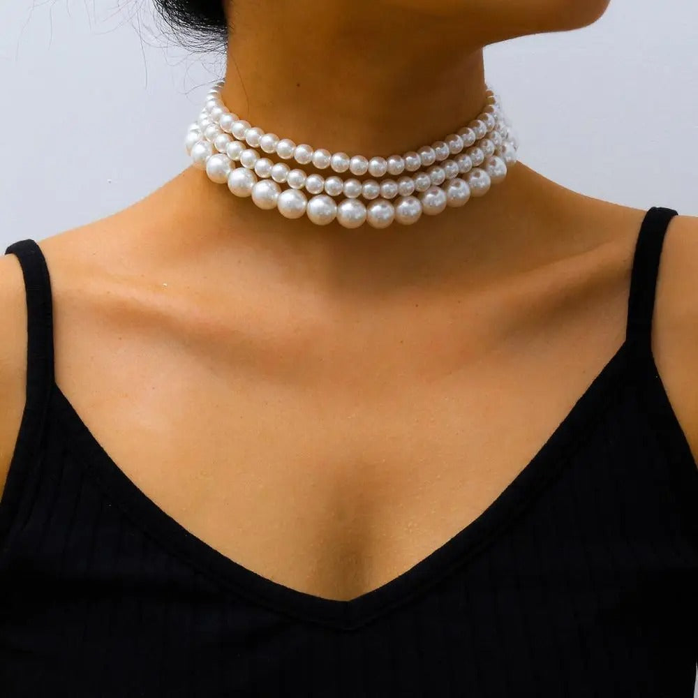 Multi-Layer White Imitation Pearl Necklace Bead Chain Punk Ladies Wedding Short Necklace Girl Charm Banquet Jewelry