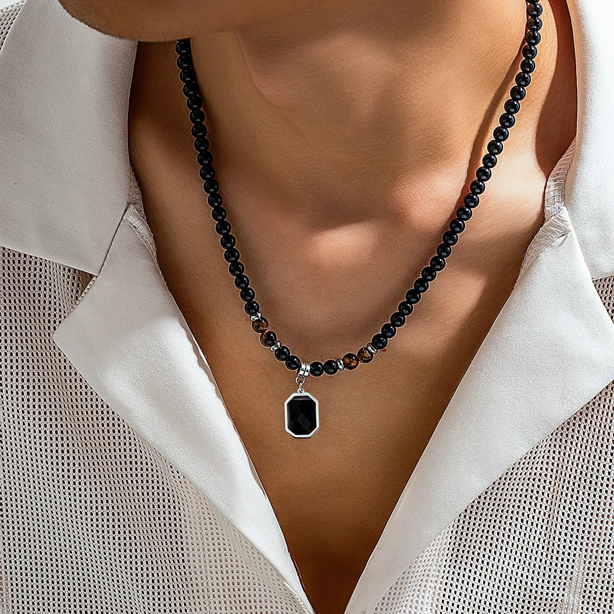 Salircon Simple Black Tiger Stone Beaded Clavicle Necklace Punk Geometric Stainless Steel Pendant Choker For Men Casual Jewelry