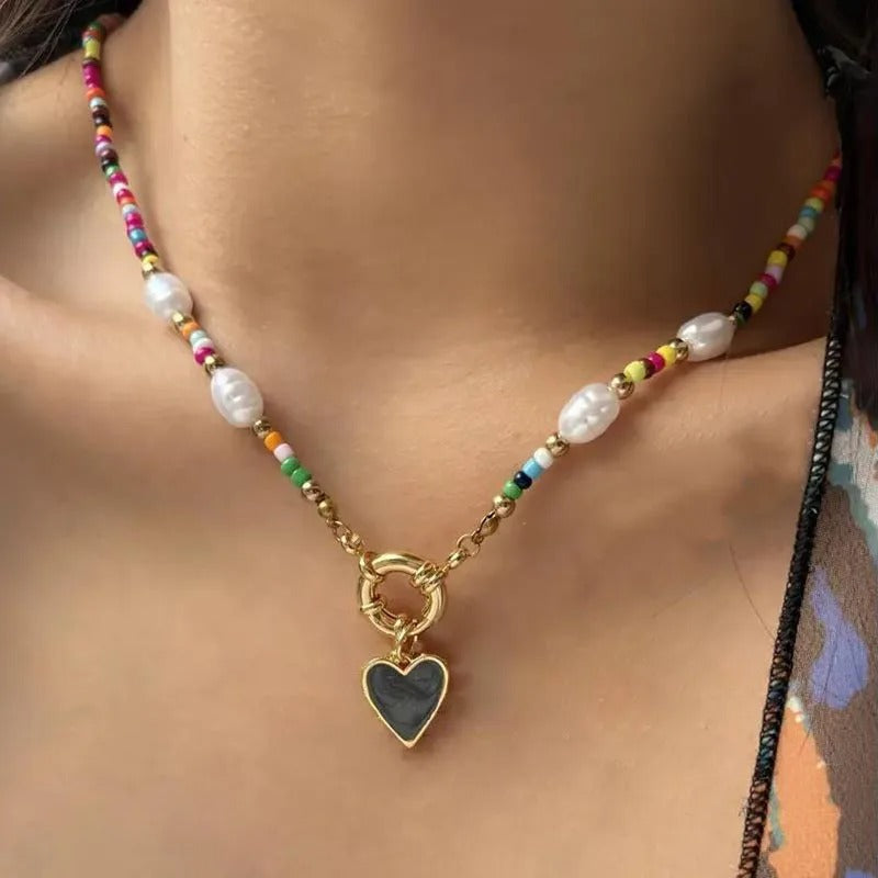Colorful Beads Chain Fashion Necklaces White Heart Pendant Jewelry For Women Valentine's Accessories