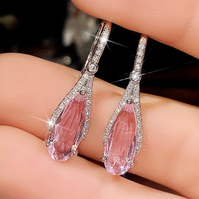 Luxury Silver Pink Zircon Dangle Earrings for Women