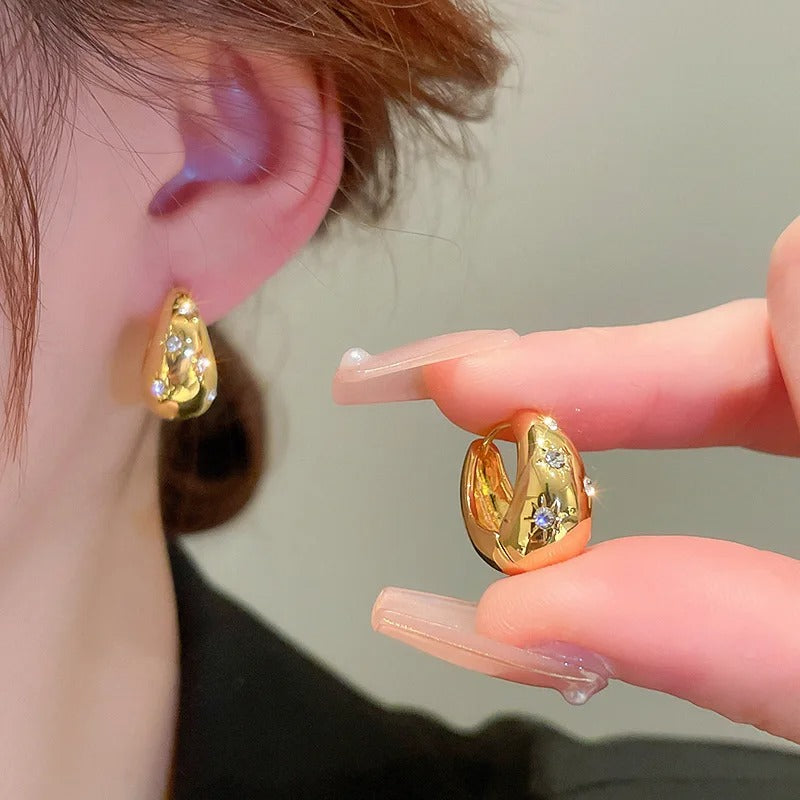 Stainless Steel Smooth Star Zircon Hoop Earrings for Women Girls Metal Chunky Sun Rhinestone Ear Elegant Jewelry
