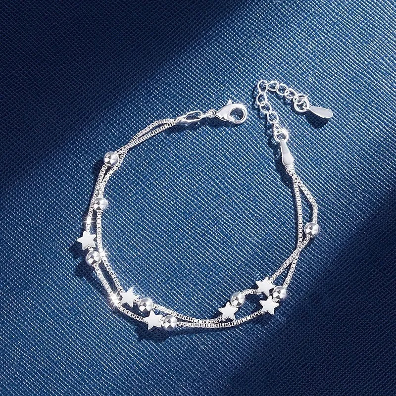 Sterling Silver Double Layers Stars Beads Bracelets for Women Elegant Box Chain Charm Bracelet Birthday Party Gift