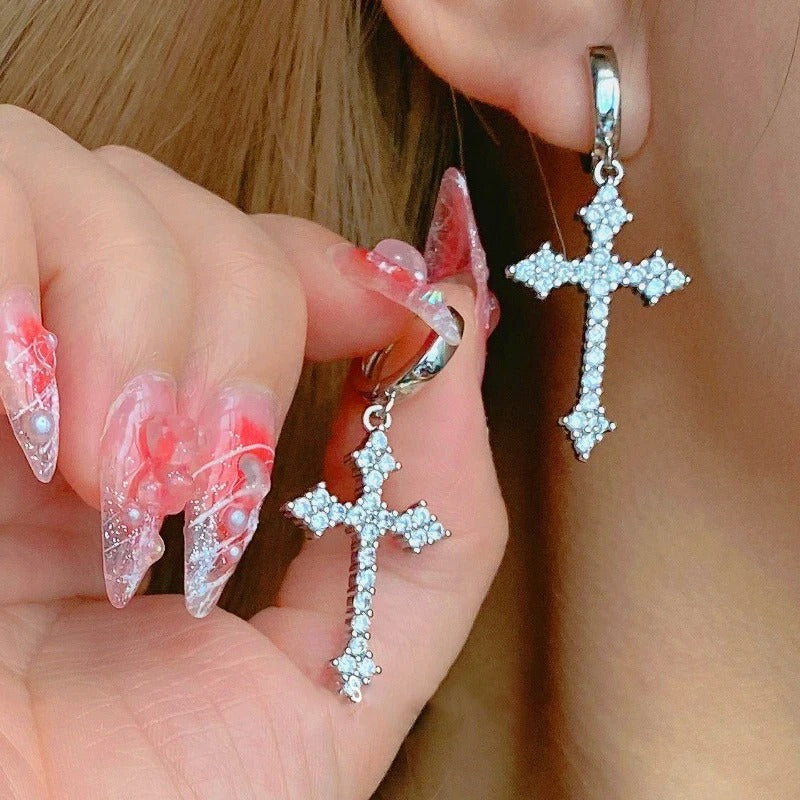Rhinestone Cross Earrings Kpop Crystal Zircon Cross Drop Earring for Women Earrings Jewelry Accessories