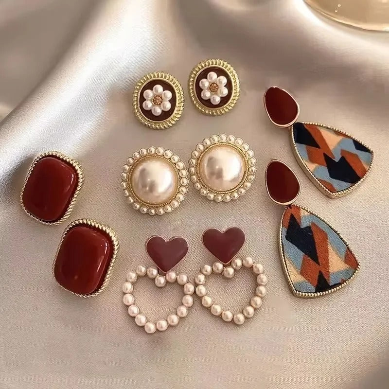 Red Retro Stud Earrings for Women Korean Pearl Flower Heart Shape Geometric Earring High Sense Jewelry