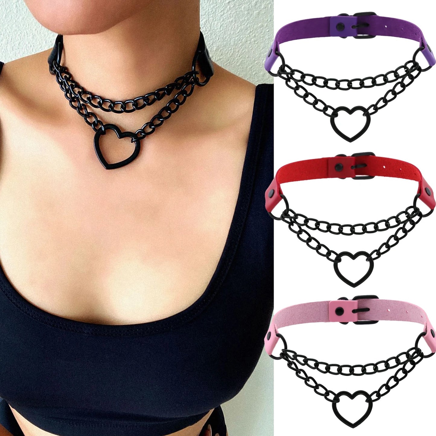 Vintage Heart Necklace Choker With Chain Goth Collar For Girls Grunge Punk Cute Accessories