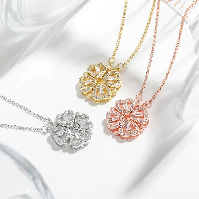 Luxury Four Leaf Clover Pendant Necklace Stainless Steel Crystal Gold Color Heart Jewelry for Women Gift