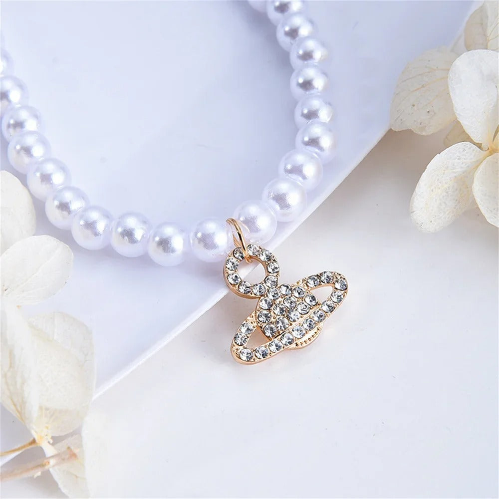 Cute Star Zircon Necklace for Women Planet Pendant Bead Chain Jewelry Girlfriends Party Gift