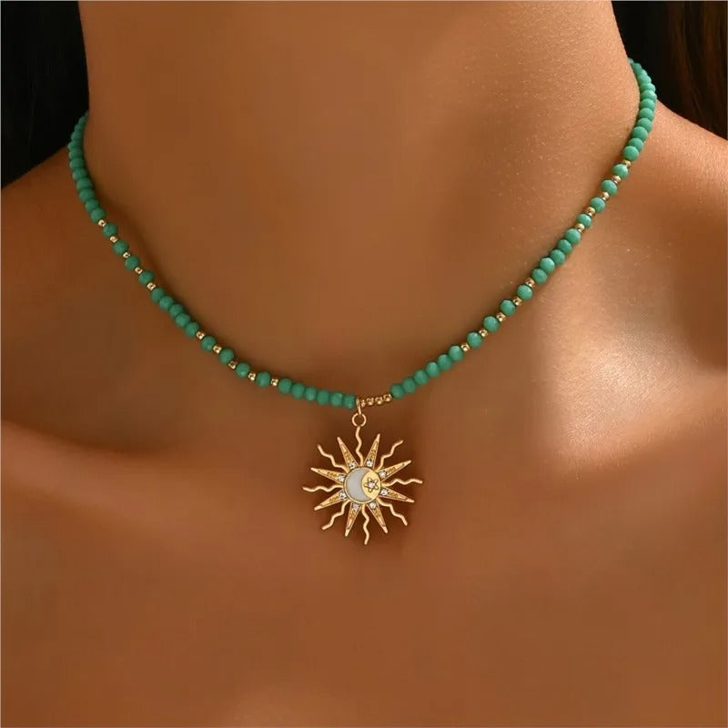 Vintage Golden-Toned Sun Pendant Necklace for Women Elegant Beads Chain Choker Neck Statement Party Jewelry Gifts