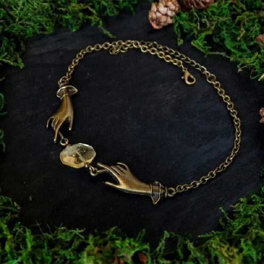 Witchy Chain Choker Hands Necklace Jewelry Magical Bronze Hands Yellow Druzy Citrine Stone Fashion Women Gift Pendant Statement