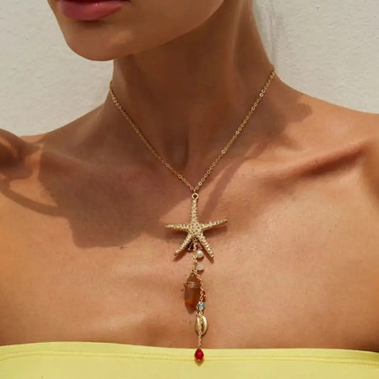 Ingemark Bohemia Starfish Scallop Crystal Long Tassel Pendant Necklace For Women Summer Beach Vacation Charm Jewelry Accessories