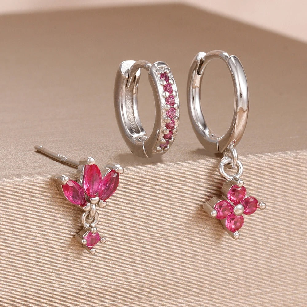 3PCS Fashion Orange Blue Zircon Hanging Earrings Set for Women Stainless Steel Flower Dangle Earring Piercing Jewelry