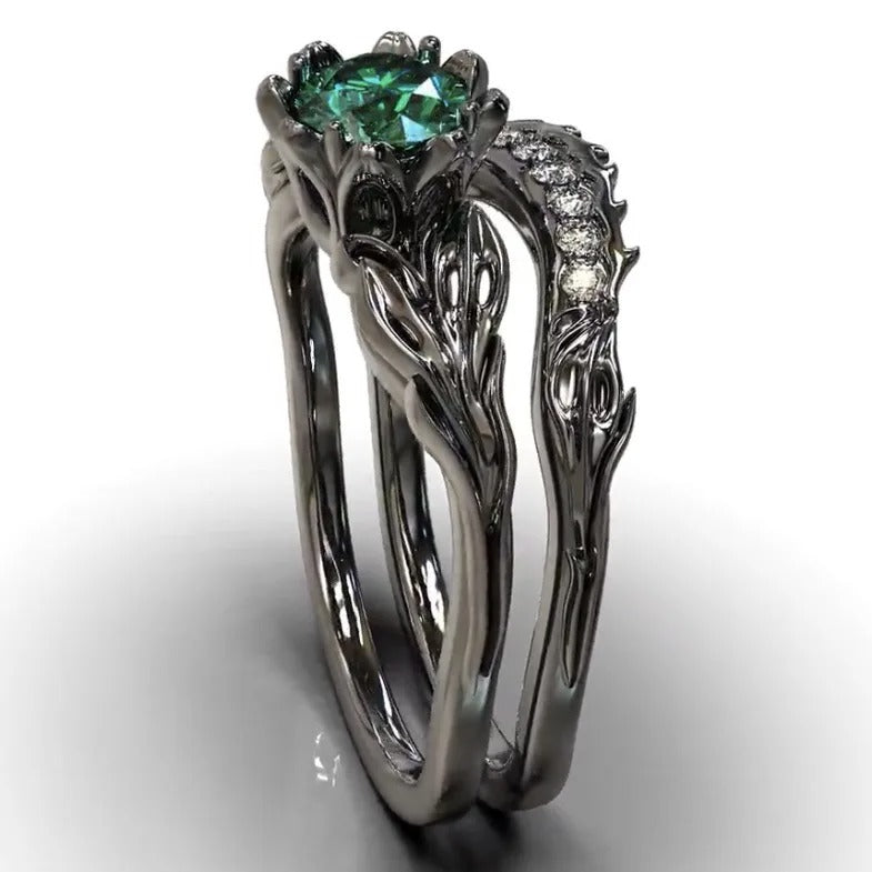 Fashion new women's two-piece ring electroplating gun black inlaid emerald casual commuting jewelry