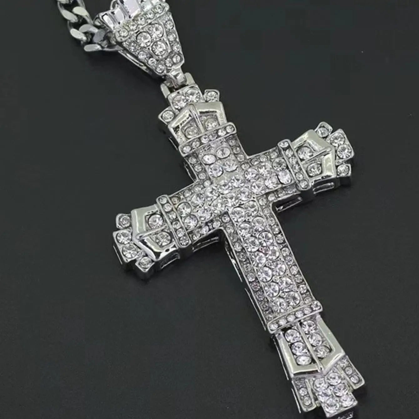 1 Simple Style MEN'S Rhinestone Christian Cross Rhinestone Pendant Necklace Personality Fashion Street Domineering Chain Jewelry