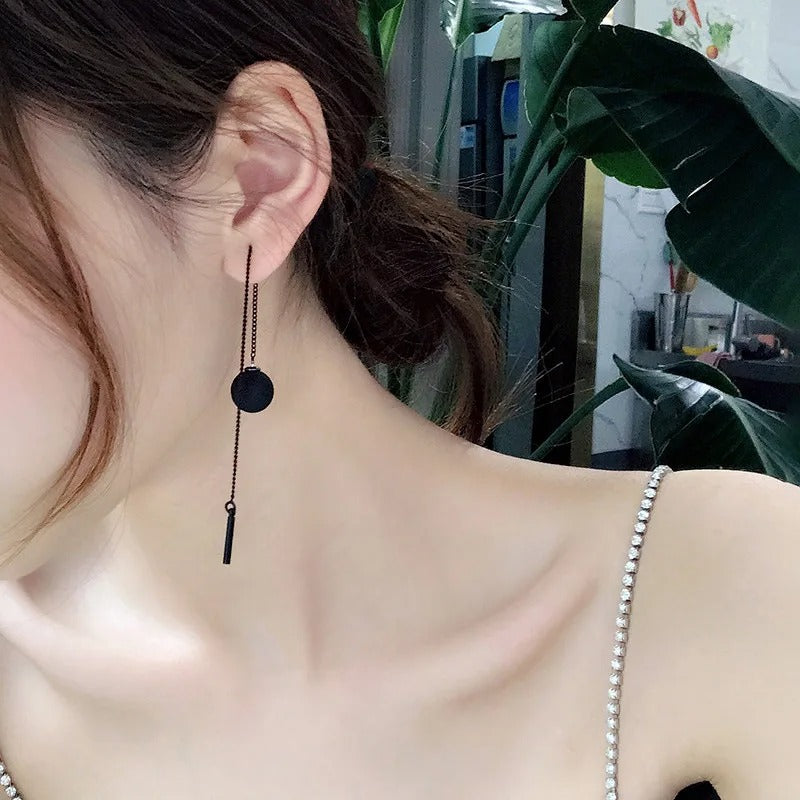 New Korean Temperament Black Matte Ball Pendant Earrings for Women Long Tassel Ear Line Hanging Earring Girls Party Jewelry Gift