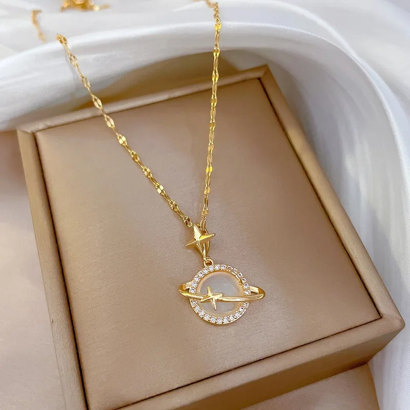 OIMG 316L Stainless Steel Gold Color Opal Planet Star Pendant Necklace For Women Girl Elegant Jewelry Party Gift