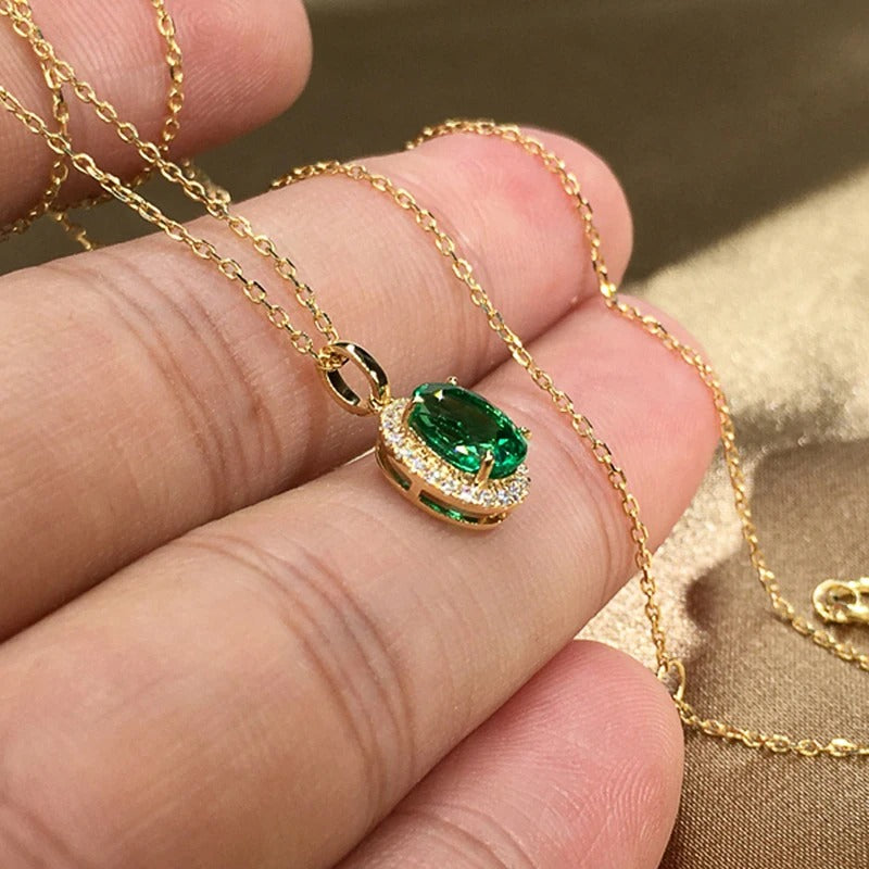 Simple and Elegant Green Cubic Zirconia Gold Color Necklace Women Wedding Anniversary Party Fashion Accessories Jewelry