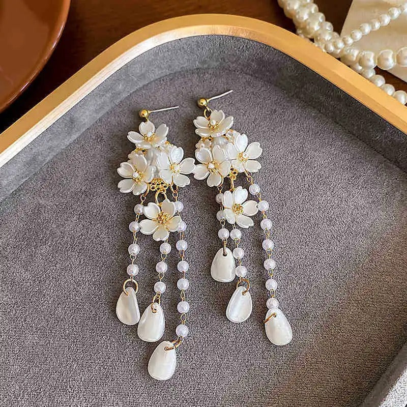 French Tassel Flower Drop Earrings Women Bridal Wedding Jewelry