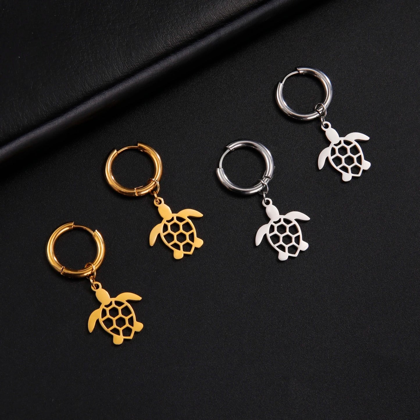 Cute Hollow Turtle Hoop Earrings Gold Color Stainless Steel