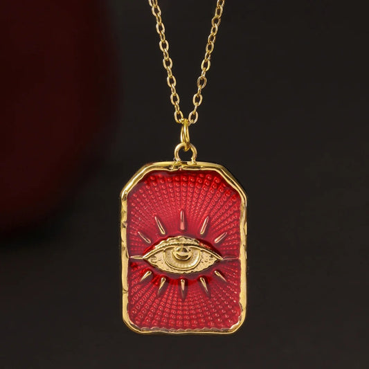 Stainless Steel Square Red Enamel Evil Eye Charm Necklace Waterproof 14K Gold Color Pendant Choker Jewelry For Women Daily Wear