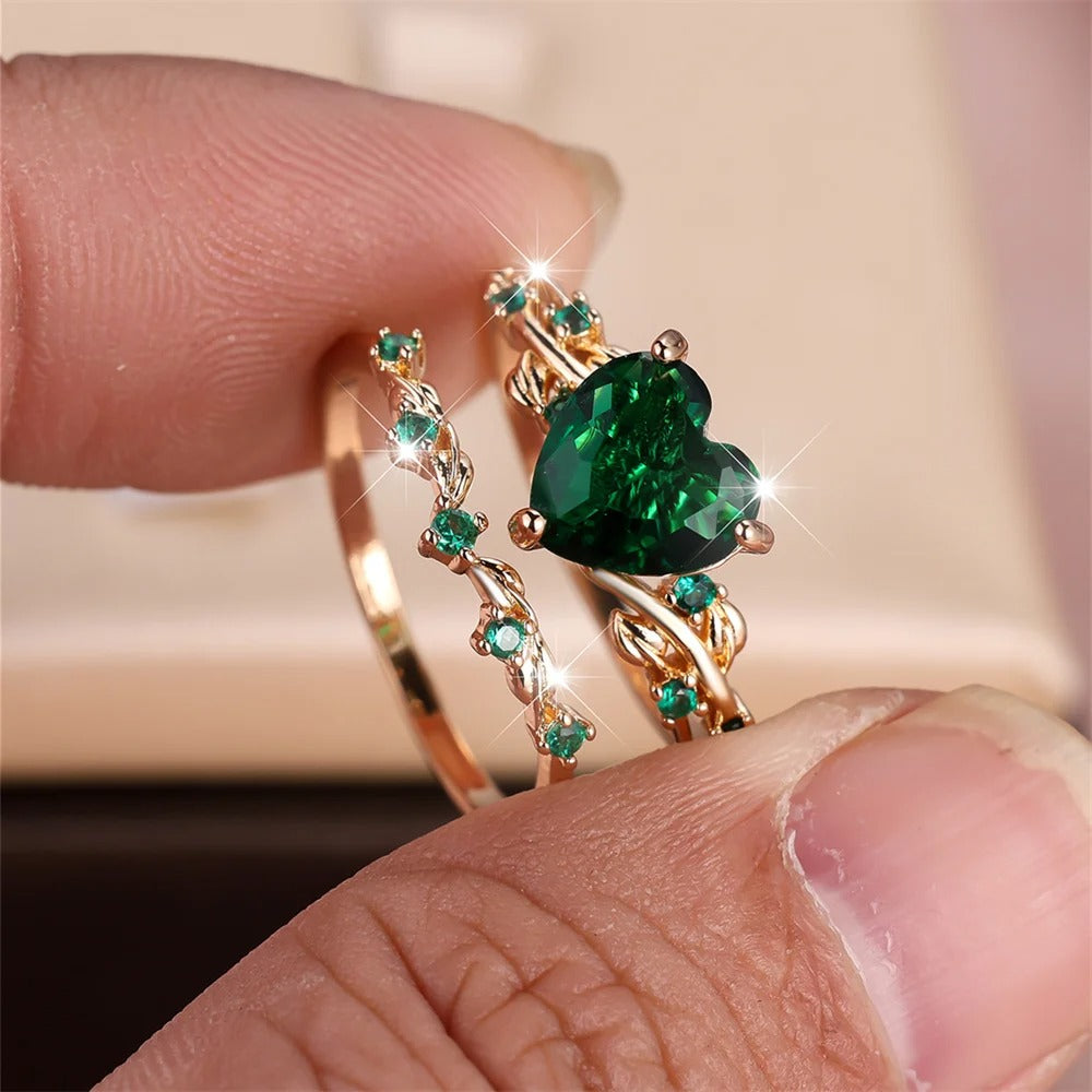 Royal Blue Green Black Red Stone Heart Ring Sets For Women Rose Gold Color White Zircon Bridal Wedding Bands Jewelry