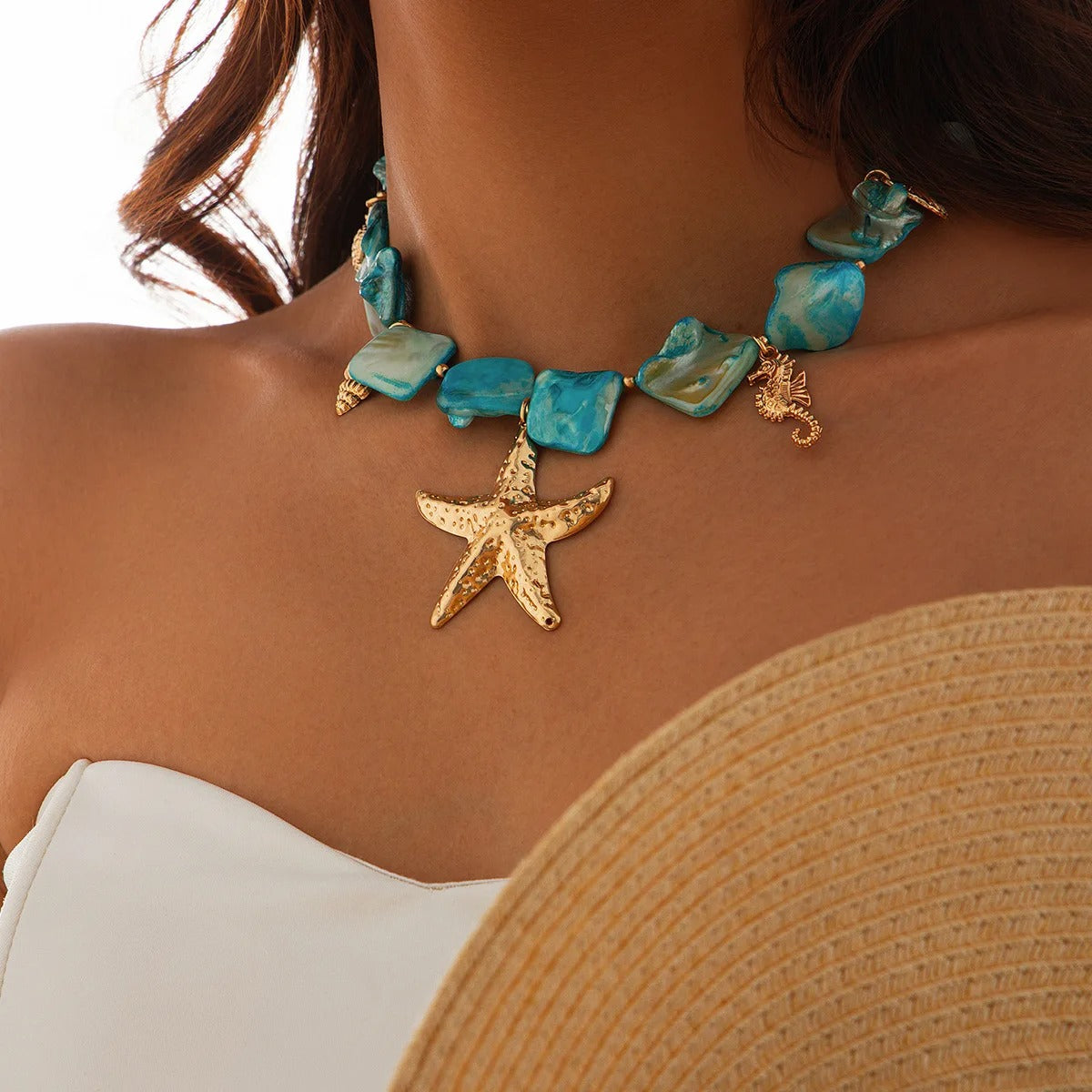 Sea Turtle Sea Conch Sea Star Pendant Necklace 2025 Women's Simple Creative Blue Stone Weaving Girls Beach Jewelry