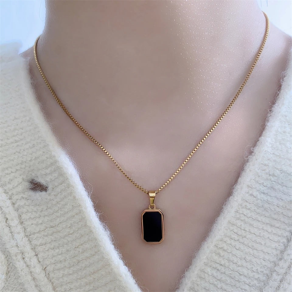 Classic Black Square Pendant Necklace For Women Men Personalized Gold Color Metal Party Daily Jewelry