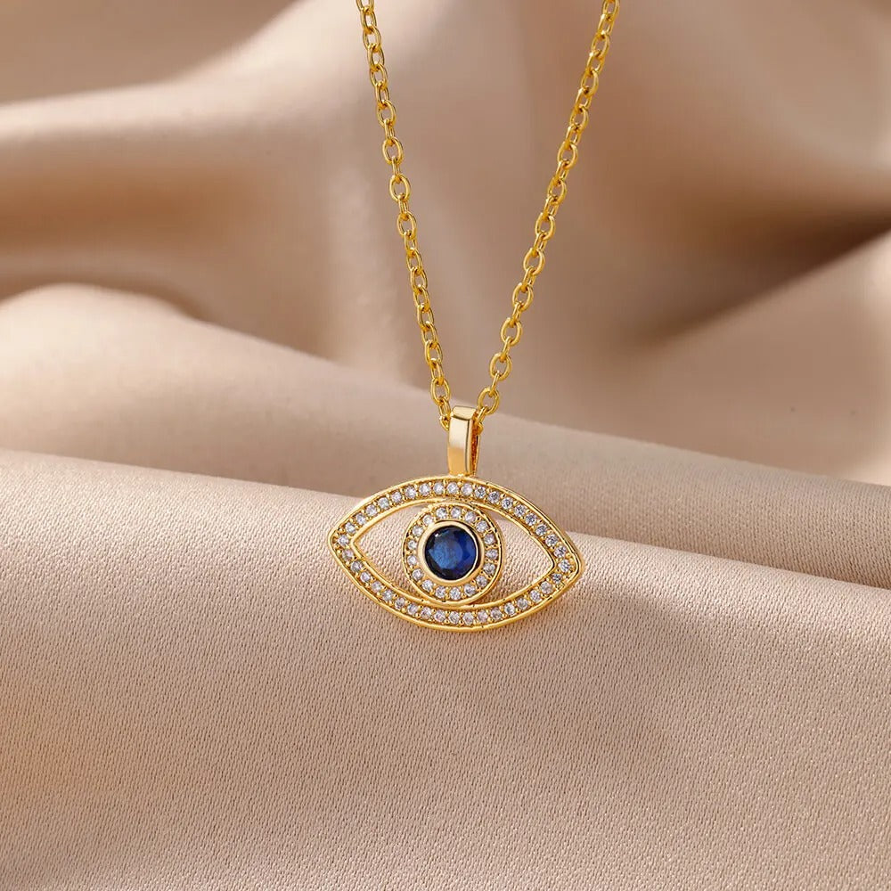 Zircon Evil Eye Pendant Necklace for Women Lucky Turkish Stainless Steel Necklaces 2025 Trend Aesthetic Jewerly