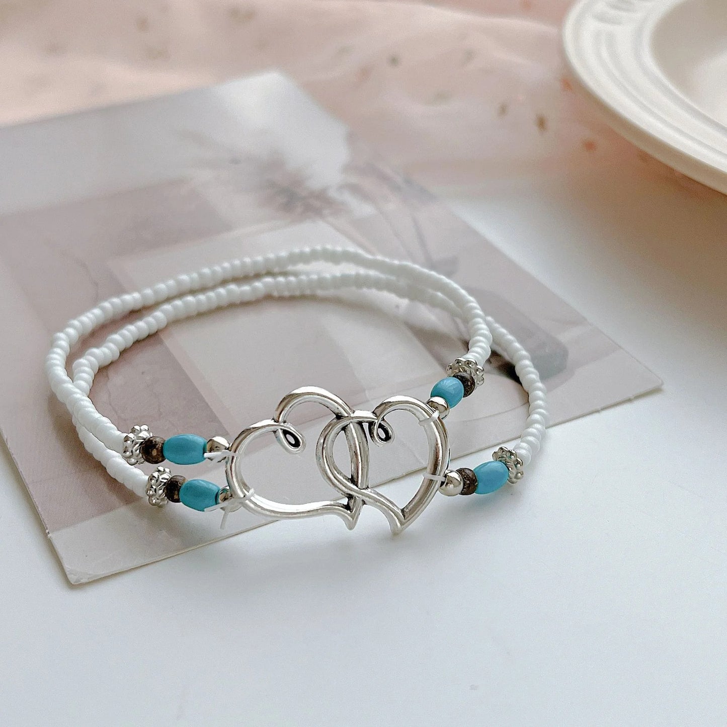 Summer Beach Boho Double Heart Anklets for Women Fashion Shell Starfish Ankle Bracelet on Leg Barefoot Handcraft Chain Jewelry