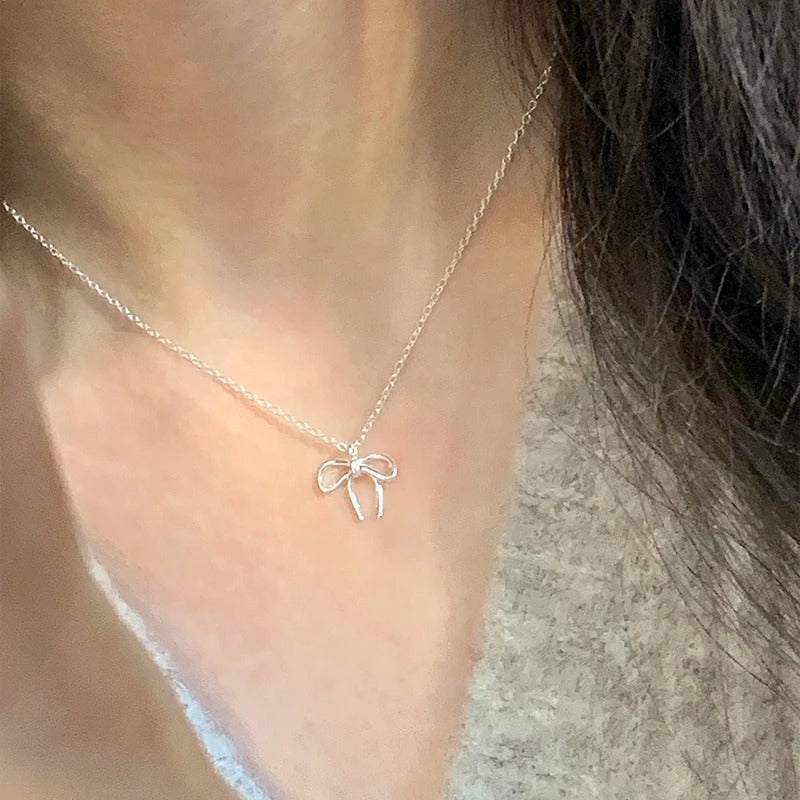 925 Sterling Silver Cute Bowknot Pendant Necklace For Women Girl Charm Chain Fashion Jewelry Accessories