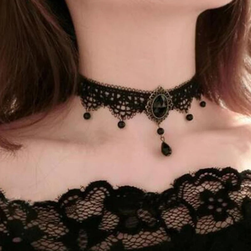 New Sexy Gothic Chokers Crystal Black Lace Neck Choker Necklace Vintage Victorian Women Choker Steampunk Jewelry