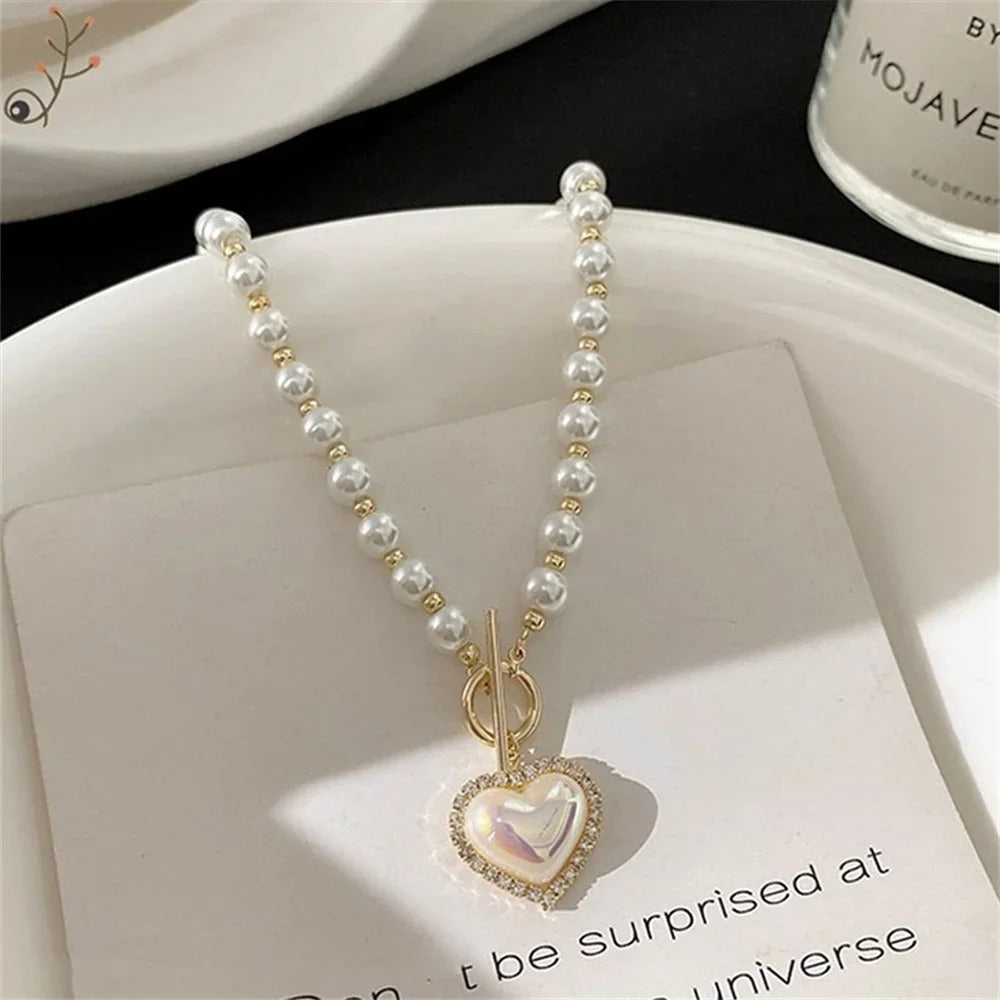 Simple Acrylic Love Pendant Necklace For Women Fashion Imitation Pearl Chain Choker Trendy Jewelry Accessories