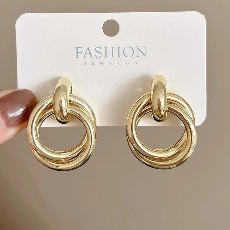 Double Layer Round Circle Dangle Earrings for Women Vintage Simple European Golden Metal Drop Earrings Jewelry Gift