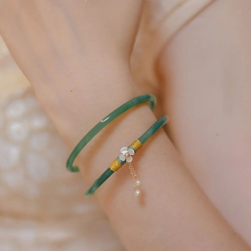 2-Pc Natural Jade Bangles Set for Women Antique Charm Bracelet Jewelry