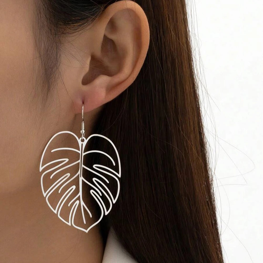 Stainless Steel  Hollow Exaggerated Leaf Dangle Drop Earring For Women Lady Geometric Female Jewelry
