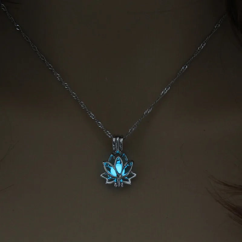 Luminous Glowing In The Dark Moon Lotus Flower Shaped Pendant Necklace for Women  Hip Hop Punk Jewelry