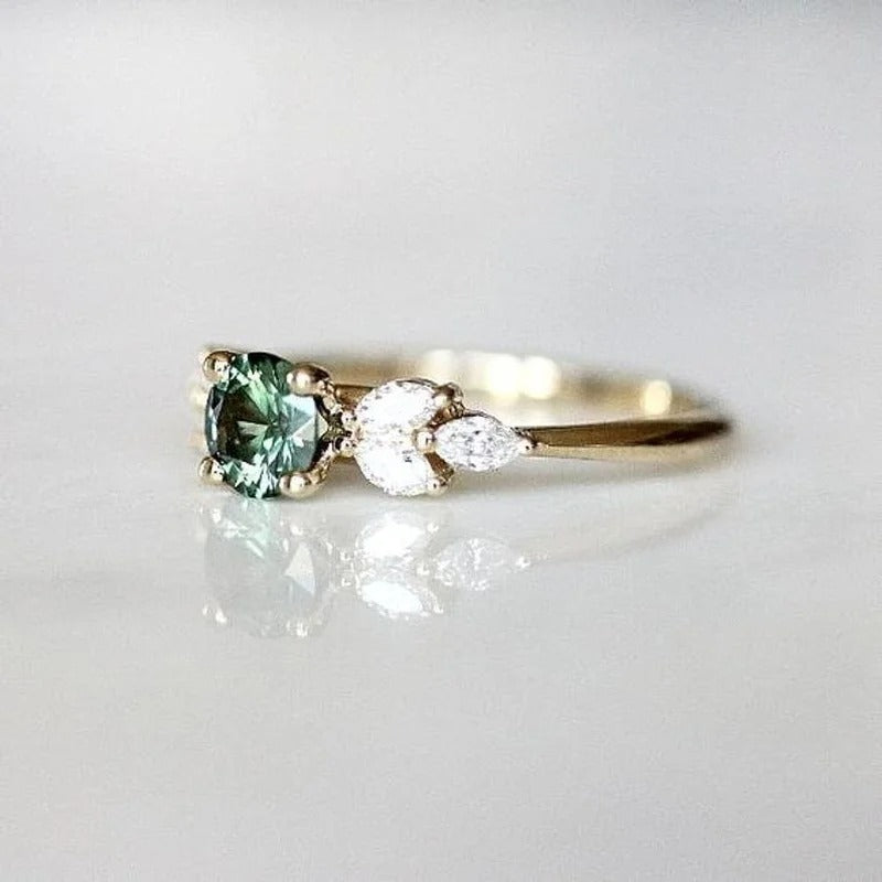 Classic Gold Color Ring for Women Gorgeous Metal Green Inlaid Stones Flower Engagement Wedding Ring Jewelry