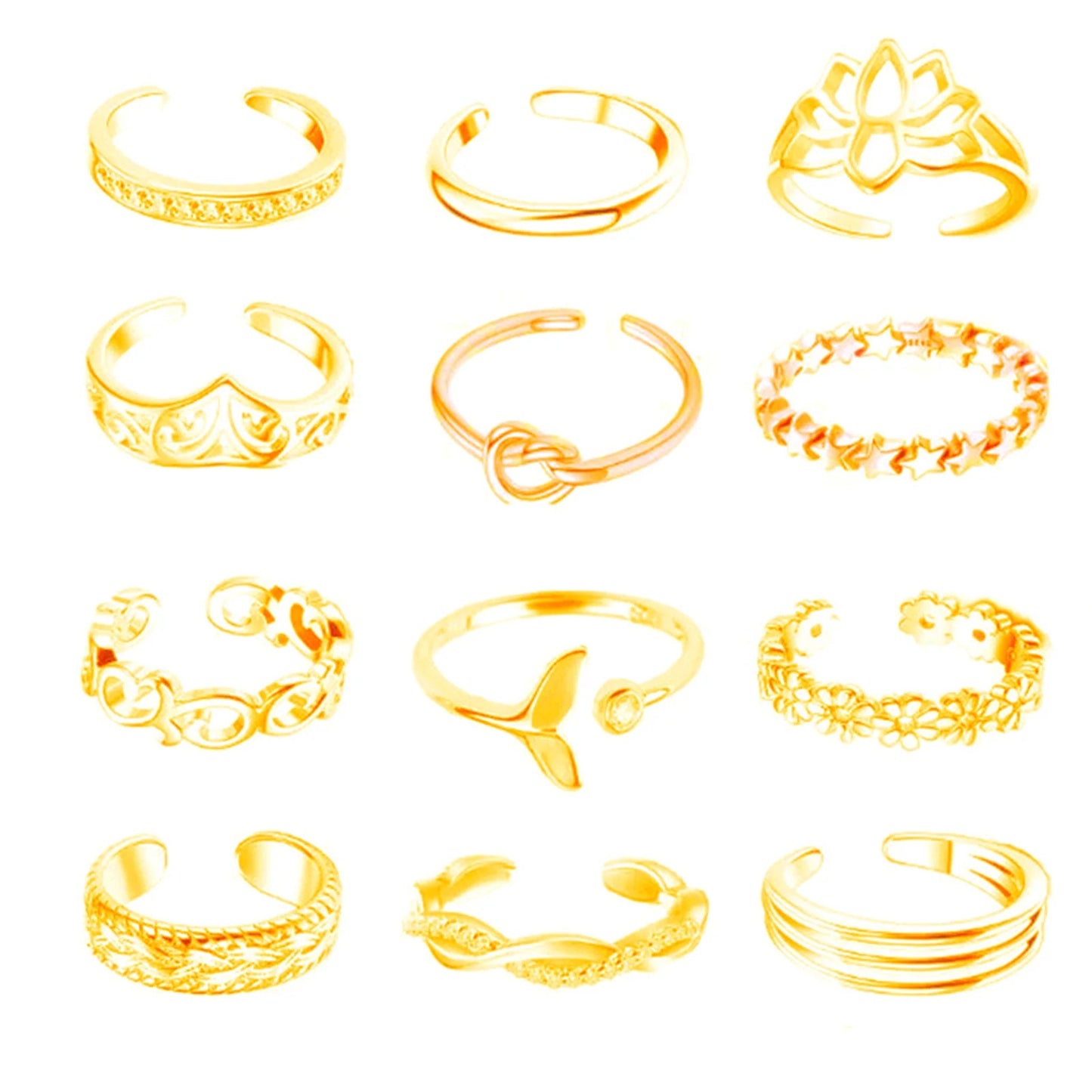 12Pcs Foot Ring Open Toe Rings Rose Gold/Silver/Gold Color Alloy Adjustable Rings Set for Women Summer Beach Foot Jewelry