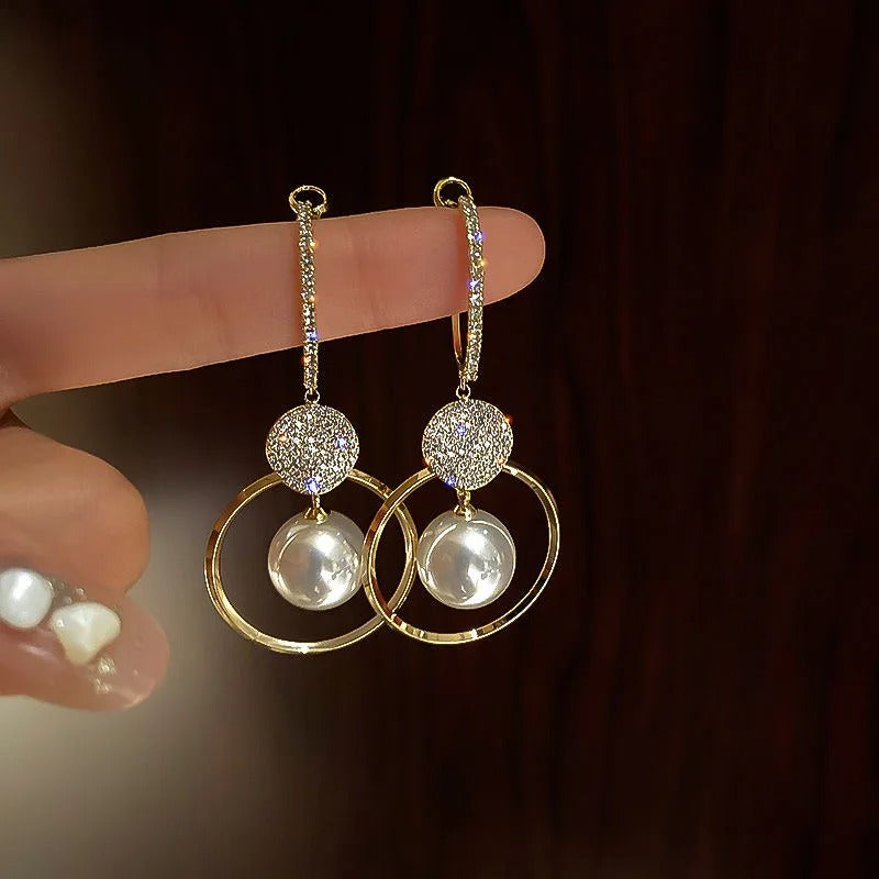 2025 New Fashion Korean Oversized White Pearl Drop Earrings for Women Golden Round Zircon Wedding Earrings Jewelry Gift